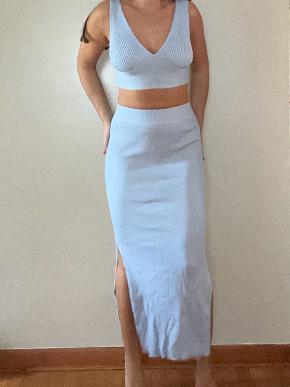blue ribbed two piece set
